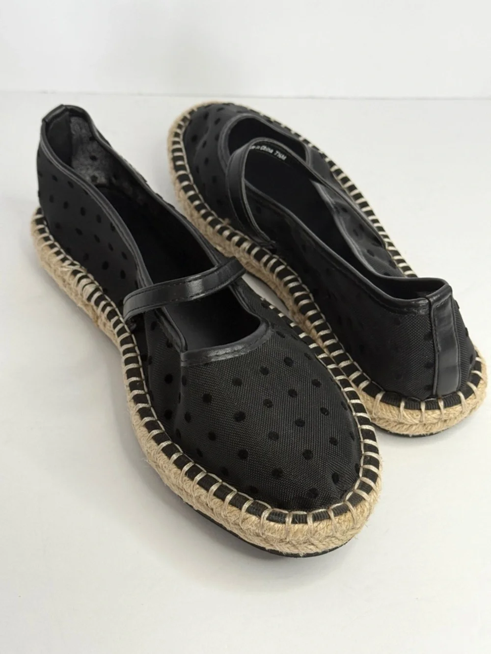 Marc New York Black Polka Dot Mesh Mary Jane Espadrille Flats Size 7.5M